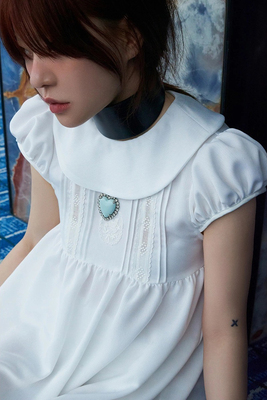 现货PREON工厂自制夏季新款复古娃娃领泡泡袖短款连衣裙freckle风