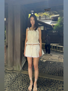 现货PREON工厂自制grove同款甜美俏皮镂空蕾丝吊带背心抽绳短裙