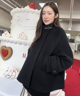 月底PREON工厂自制冬季新款高级感黑色皮扣立领毛呢短款系带大衣