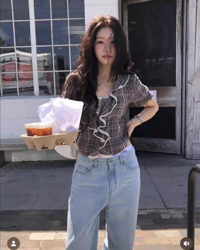 现货PREON自制复古格纹荷叶边短袖衬衫foeto