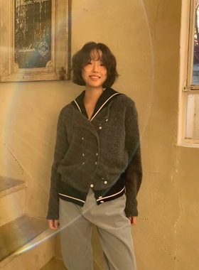 一周PREON工厂自制秋冬新款双排扣装饰圆领长袖针织开衫via同款