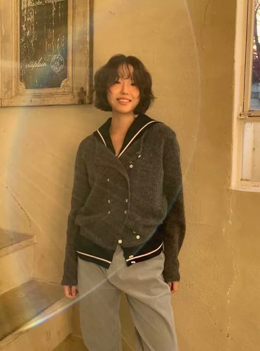 一周PREON工厂自制秋冬新款双排扣装饰圆领长袖针织开衫via同款