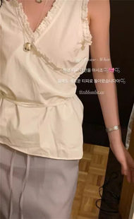 现货PREON工厂自制夏季新款气质甜美木耳边系带背心ribbonbit风