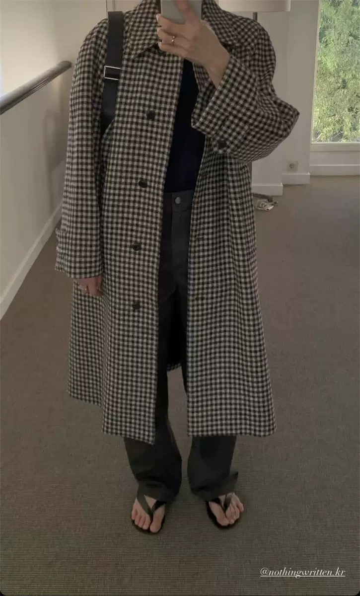 现货PREON工厂自制冬季新款复古格纹翻领排扣长款羊毛大衣NW同款