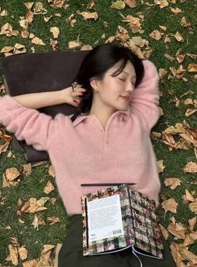 一周PREON工厂自制秋冬新款温柔粉色polo翻领长袖毛衣ged同款