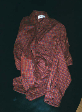 现货PREON工厂自制秋冬酒红色系复古格纹长袖衬衫ged同款宽松百搭