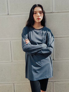 现货PREON工厂自制秋季新款百搭圆领条纹休闲宽松长袖t恤monoha