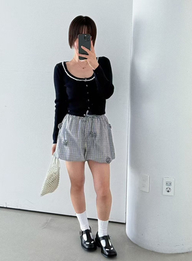 现货PREON工厂自制春夏新款立体花朵装饰格纹松紧腰短裤oliseoul