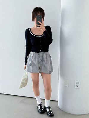 现货PREON工厂自制春夏新款立体花朵装饰格纹松紧腰短裤oliseoul