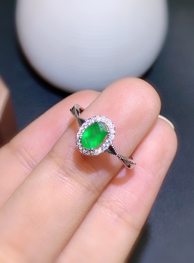 活圈 925银镀白金4*6mm 天然祖母绿 戒指 空托V861