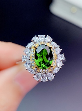 活圈925银镀白金6*8mm 天然透辉石 石榴石  粉托帕石戒指 V780