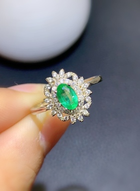 活圈 925银镀白金4*6mm 天然祖母绿 戒指 空托 V867