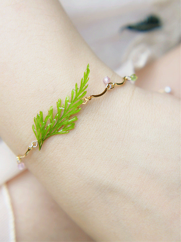 葵子手作 小清新尤加利叶子 天然橄榄石托帕石14k包金可调节手链