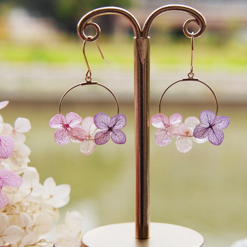 葵子手作 午后花园 绣球花粉紫渐变风格圈式925银包金耳钉耳夹