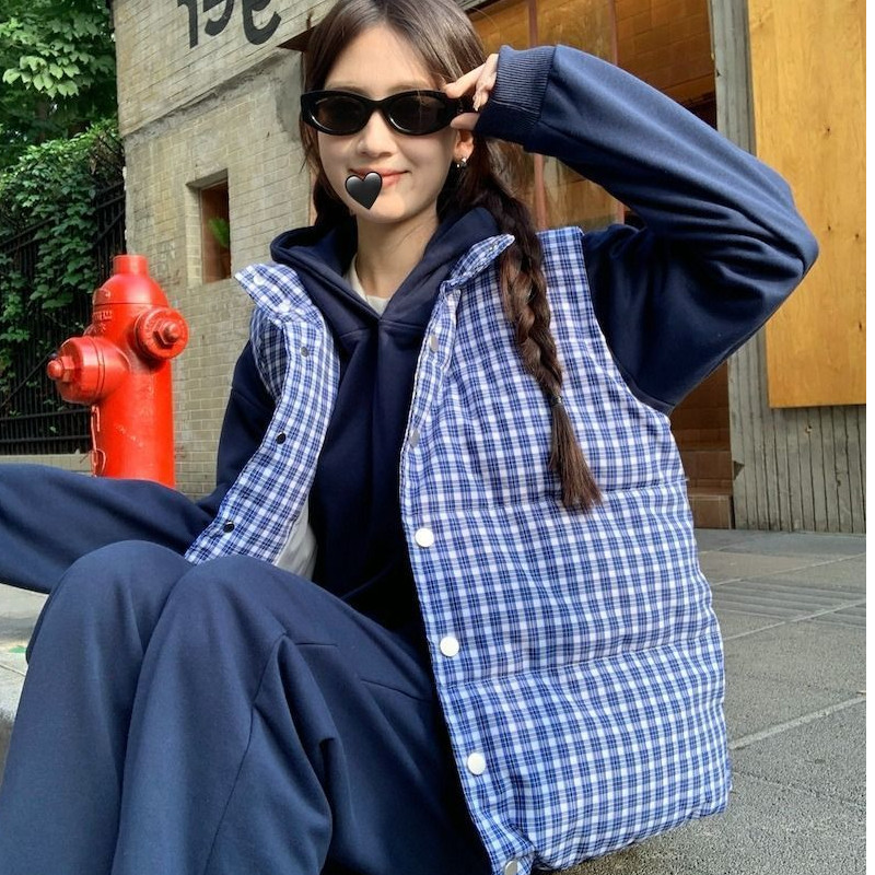 蓝色格子棉服马甲外套女冬季大码马夹