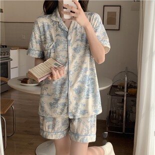 山水画卡通印花家居服可外穿 ins格子小熊睡衣女夏季 短袖 短裤 套装