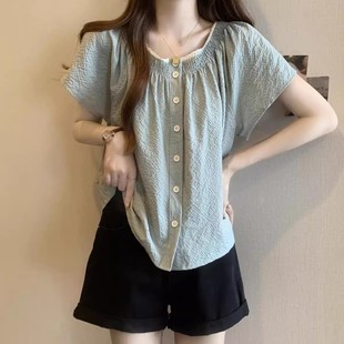 大码 法式 女夏季 方领短袖 胖mm宽松遮肚子显瘦甜美减龄雪纺上衣 衬衫