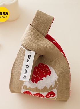 新款韩版ins卡通风草莓大容量小包时尚针织手提包便携编织手拎包