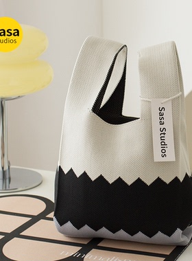 新款大容量质感针织手提包女秋冬条纹便携手拎包托特包小众手腕包