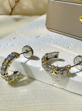字母C耳钉气质精致金属拼色镶钻交叉圆圈耳环小巧设计感锆石耳饰