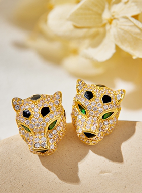 满钻豹子头耳钉女镀金黑釉时尚个性绿眼男女同款花斑豹耳环耳饰