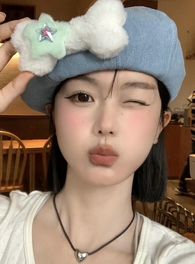 骨头星星牛仔蓝色贝雷帽女夏天大头围蓓蕾显脸小甜美可爱云朵帽子