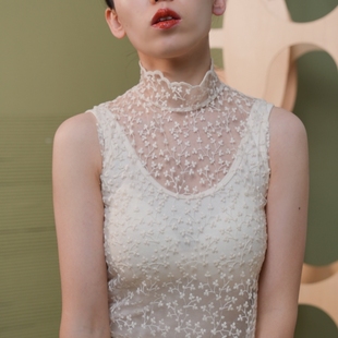 女上衣 unique繁花烂漫米色温柔优雅内搭显瘦立领假领子蕾丝衫