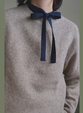 步履不停~文艺素净藏蓝色纯棉蝴蝶结系带衬衫假领子打底~显瘦内搭