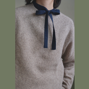 步履不停~文艺素净藏蓝色纯棉蝴蝶结系带衬衫假领子打底~显瘦内搭