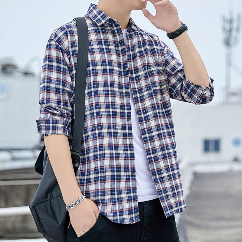 潮流男装正品旗舰官店长袖格子男士衬衫休闲衬衣男款外套上衣服