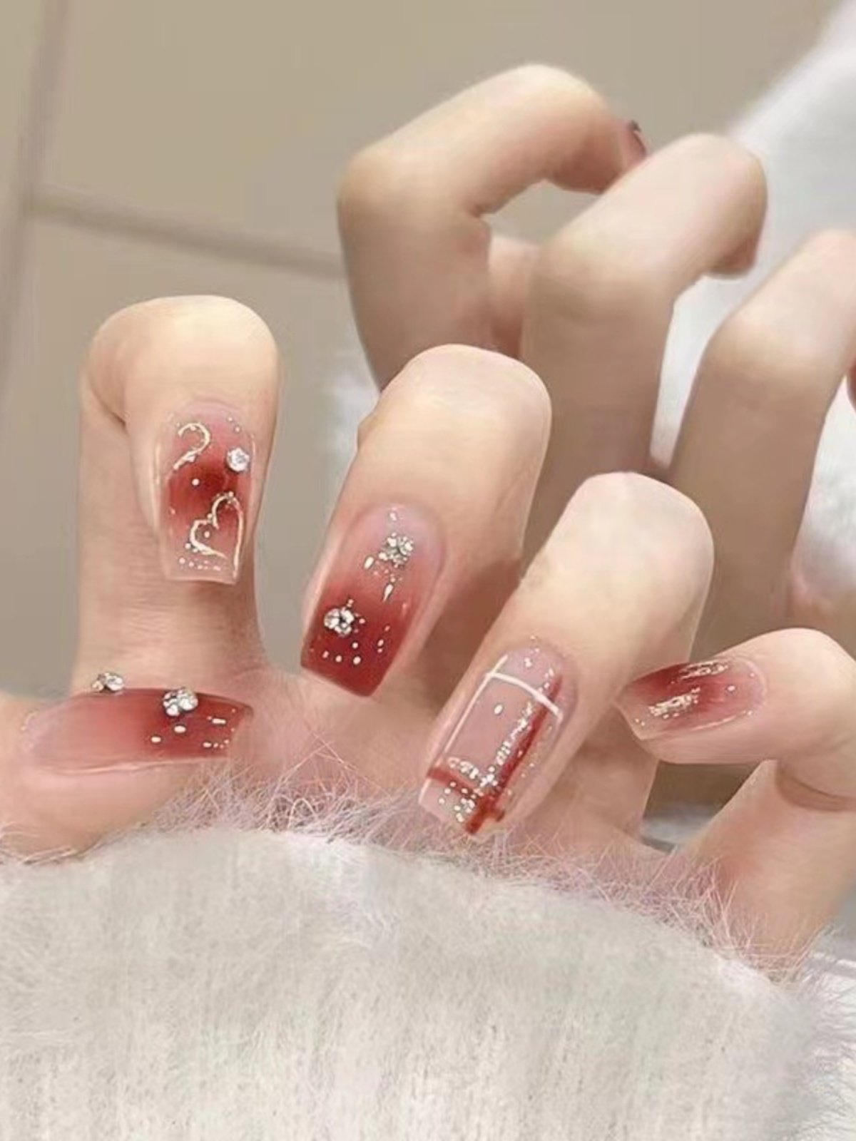 34-纯手工甜心红棕线条棋盘格美甲贴片成品穿戴甲假指甲片ins小红