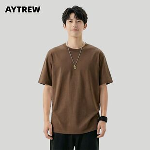 AYTREW纯棉短袖T恤男女款宽松圆领纯色打底衫舒适百搭通勤上衣夏