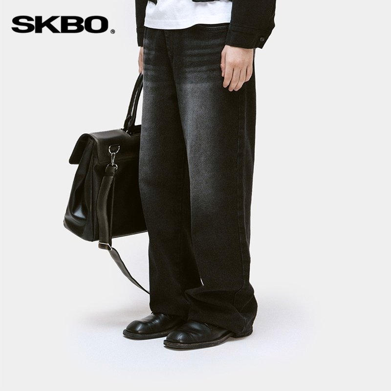 SKBO 黑色直筒牛仔裤男2025新款宽松慵懒风潮牌高街阔腿长裤子男,男装,牛仔裤,淘宝优惠券,粉丝福利购,淘宝优惠卷