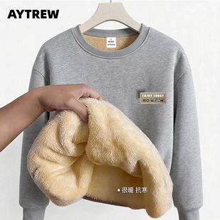AYTREW加绒加厚潮流卫衣秋冬季圆领套头羊羔绒男女款宽松保暖上衣
