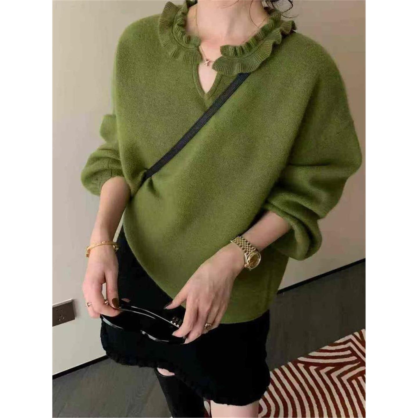 荷叶边绿色羊毛针织衫女