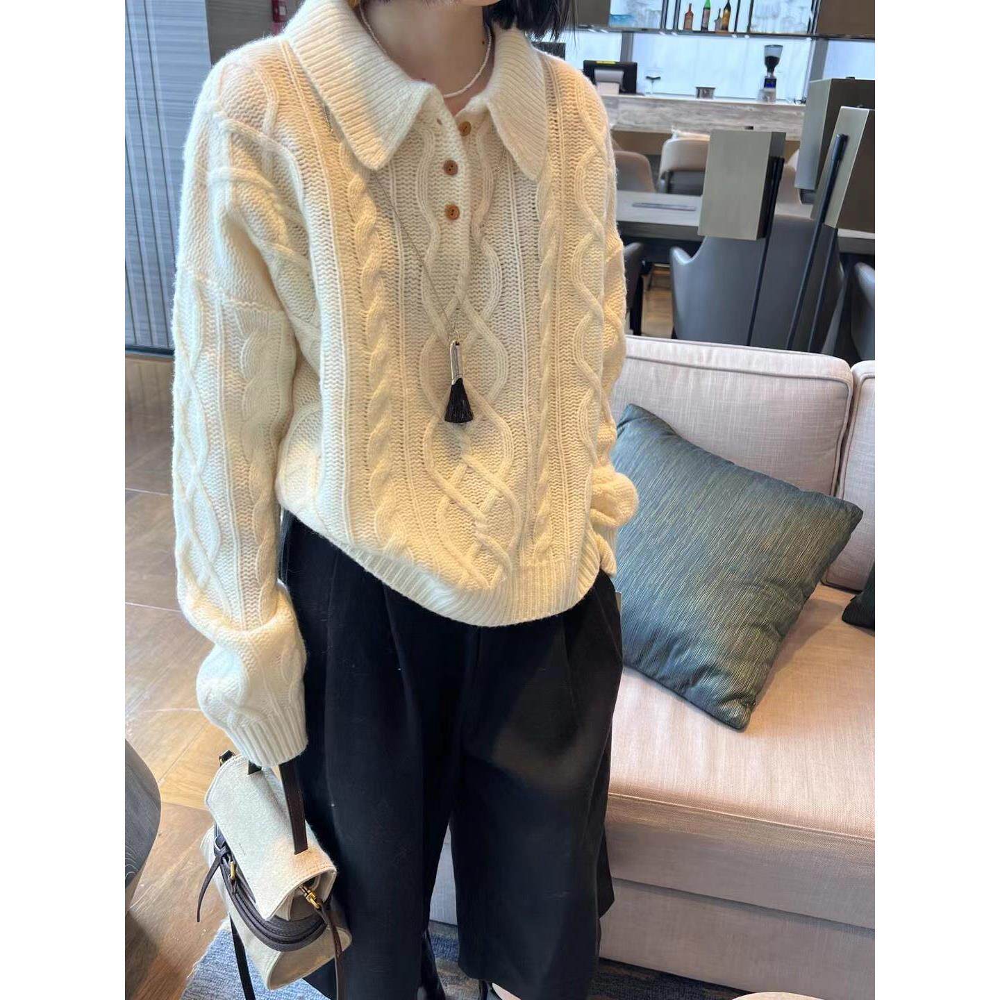 慵懒风翻领麻花针织毛衣女秋冬季新款宽松百搭高级感套头针织衫潮