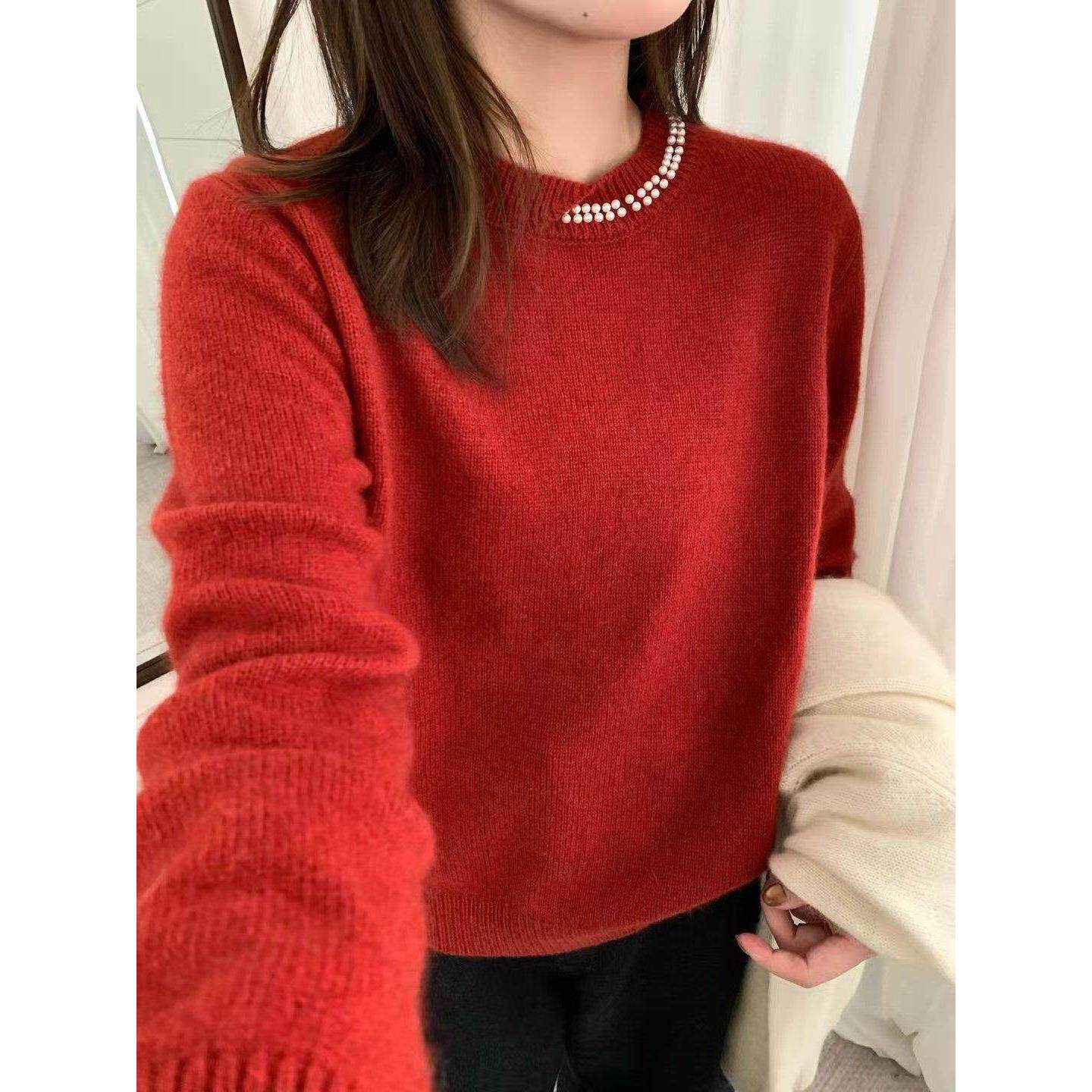 欧韩系甜美领子珍珠减龄气质圆领麻花浣熊绒秋冬显瘦洋气百搭打底