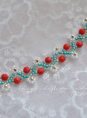 WingYah 红果子花朵串珠手链 天然珊瑚珠进口米珠