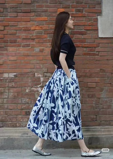小禾原面料百褶蓬蓬裙liberty 抗皱柔软抽象植物蓝印花中长半裙