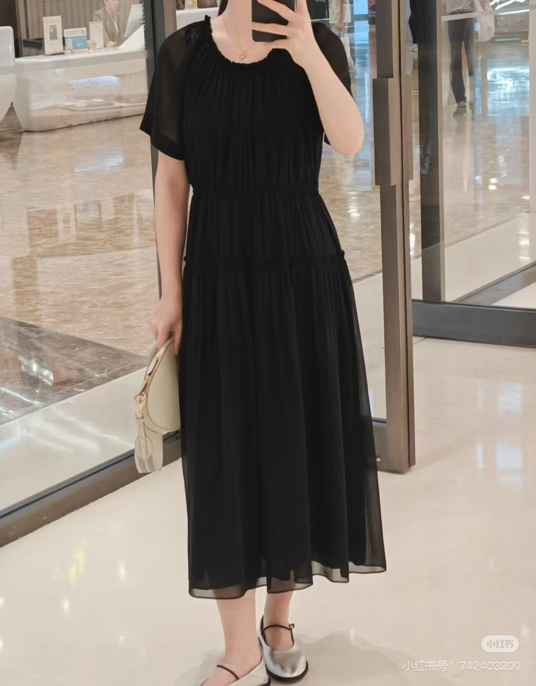 小禾原面料双层真丝顺纡绉抽摺荷叶边连衣裙