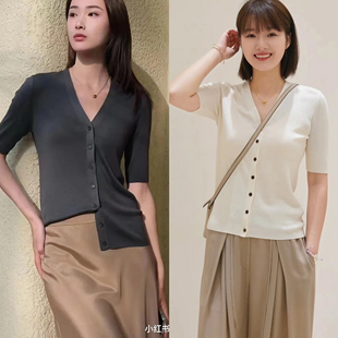 小禾原纱进口120支100%桑蚕丝慢真丝v领中袖 坑条开衫