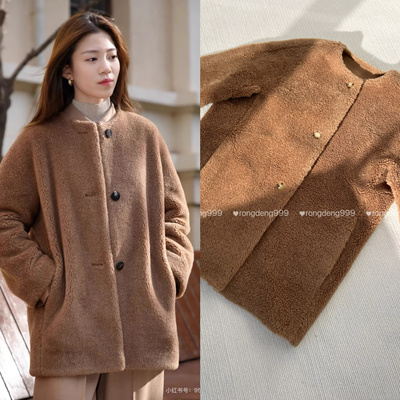 禾原面料欧洲进口蚕丝羊毛圆领泰迪棕中长款宽松直身外套保暖百搭