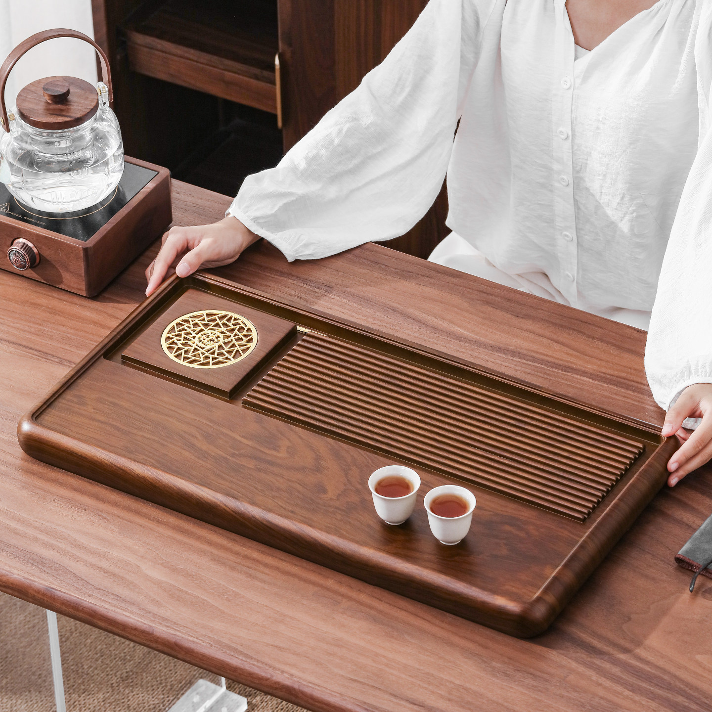 实木茶盘家用现代简约排水式茶台图片