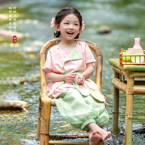 新中式女童夏季短袖新款圆领袍儿童中式唐制裤子套装女童汉服