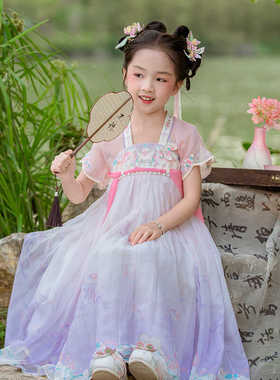 汉服女童夏季2024新品紫色新中式古装襦裙短袖儿童小女孩连衣裙