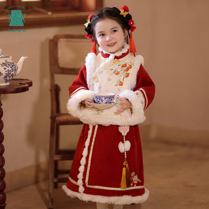 汉服女童冬款中小童旗袍裙套装新年古风宝宝新中式礼服儿童拜年服
