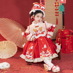 汉服女童冬款2023新款女童连衣裙红色喜庆新年儿童龙年宝宝拜年服