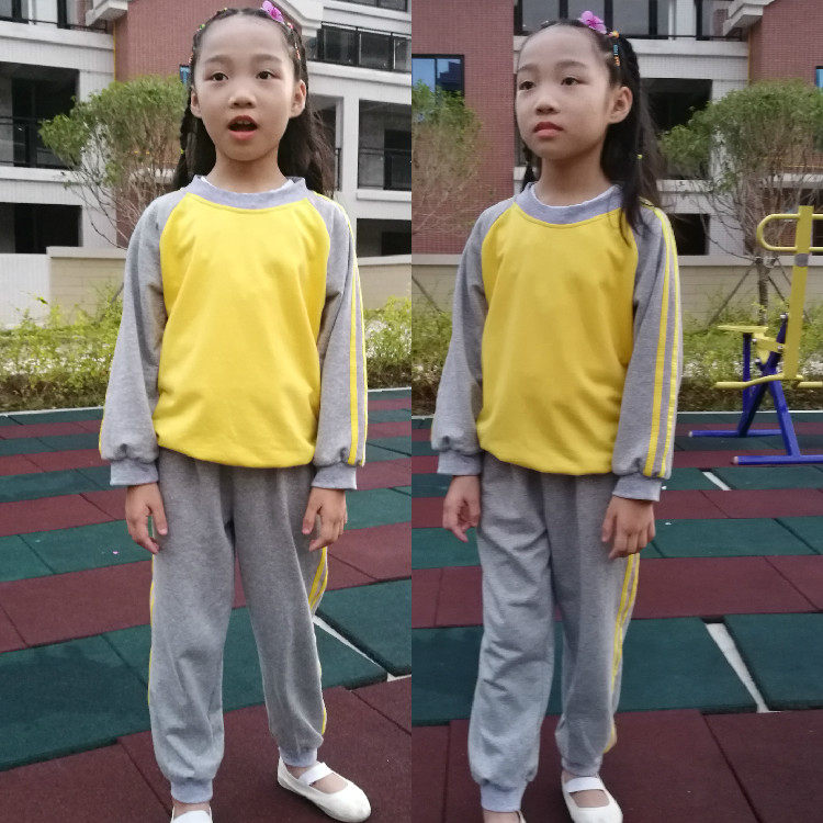 幼儿园园服老师春夏款棉质黄灰拼色小学生校服班服儿童运动服套装