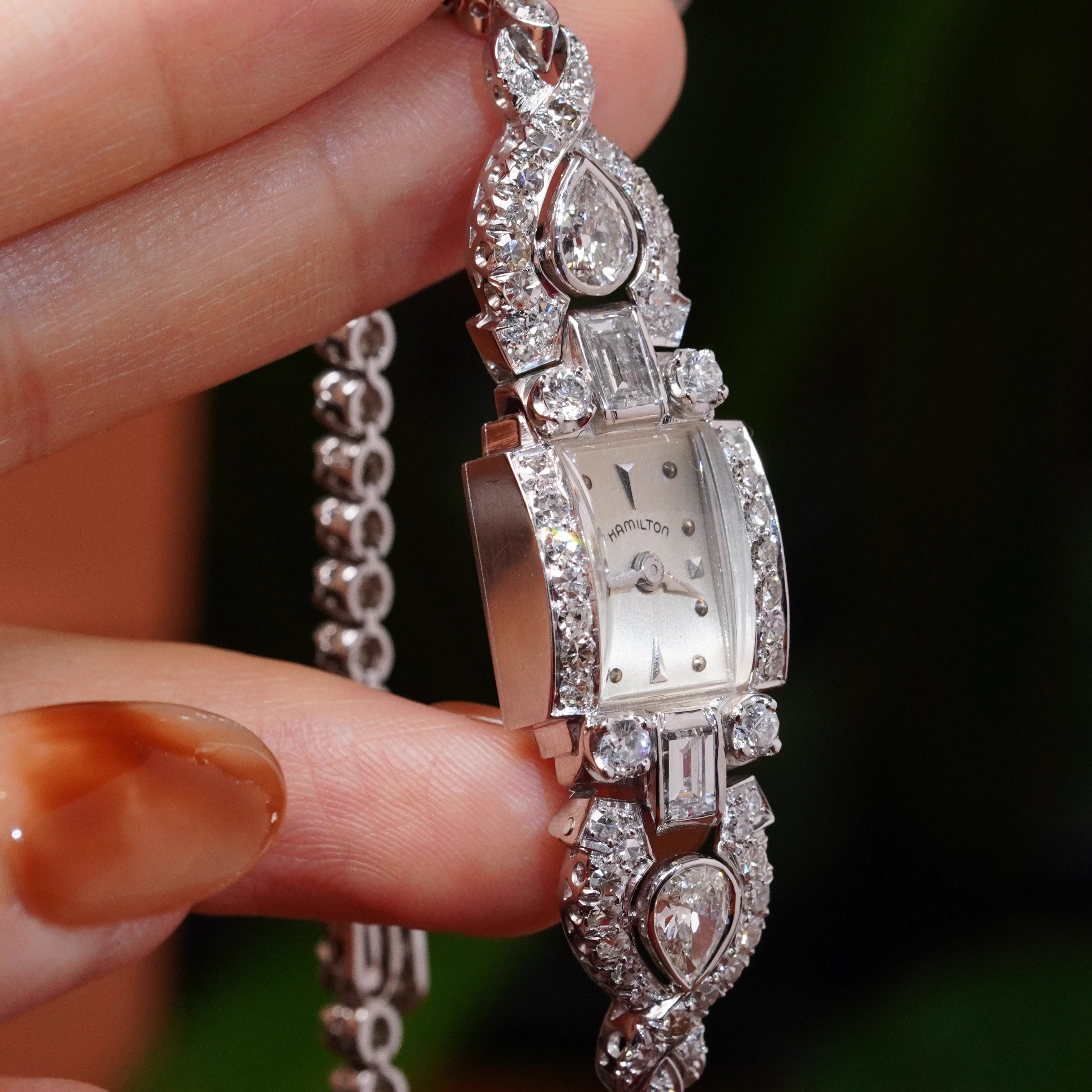 汉密尔顿古董铂金｜豪镶钻石手链机械表 雍容华贵