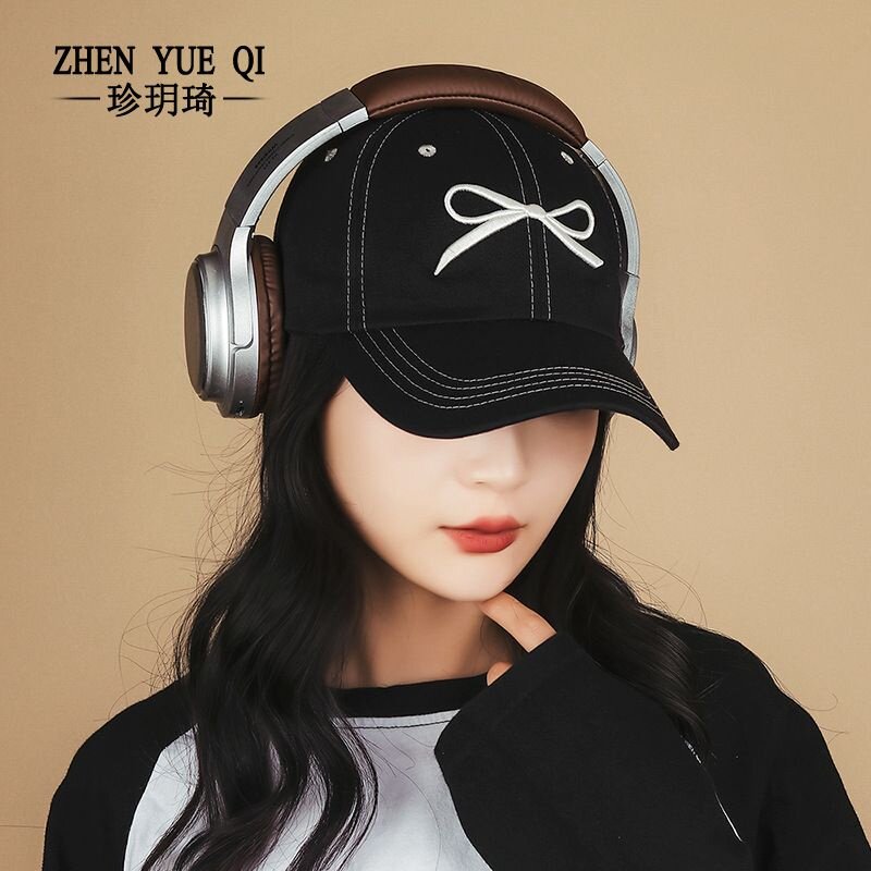 新款拼色刺绣立体蝴蝶结帽子春秋季遮阳女士鸭舌帽时尚百搭棒球帽